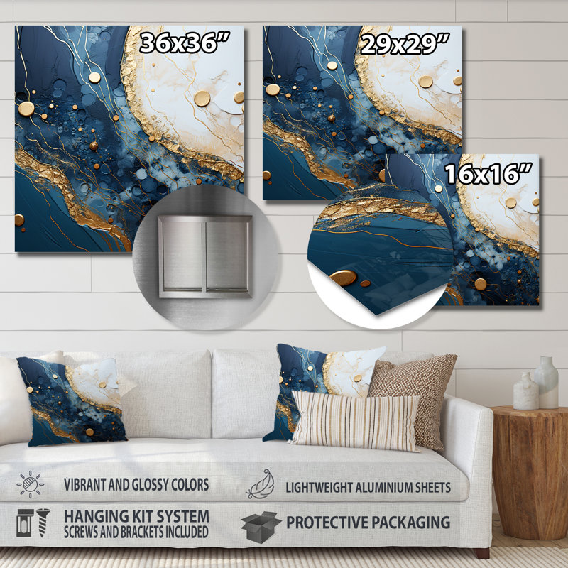 Art mural doré et bleu Geode Art I - encre liquide, H 29 po x l 29 po