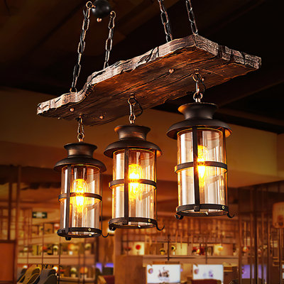 Luminaire suspendu rustique en métal et bois à 3 lampes 
