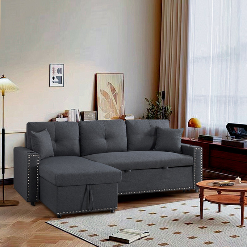 Canapé-lit modulaire convertible en L avec méridienne de rangement et lit escamotable, Polyester 100 % gris foncé