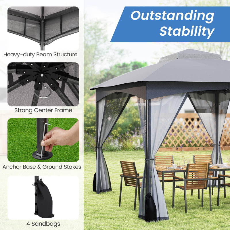 Double Roof Garden Gazebo With Netting Sidewalls, Grey