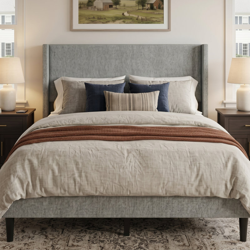Bangor Queen Upholstered Wingback Platform Bed, Queen, Light Gray
