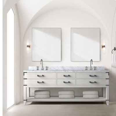 White Oak Double Bath Vanity 84 In. W X 22 In. D, Carrara Marble Top, And Faucet Set