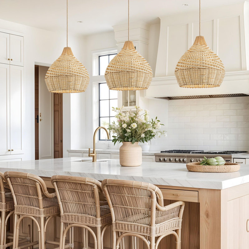 Grandeur Rattan Pendant Light - Natural Dome 1-Light Polished Handwoven Adjustable Ceiling Light For Kitchen Island, Kitchen, Dining Room or Living Room in Modern, Country & Farmhouse Style