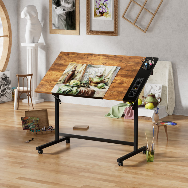 Bureau de travail inclinable avec roues à roulettes et table à dessin