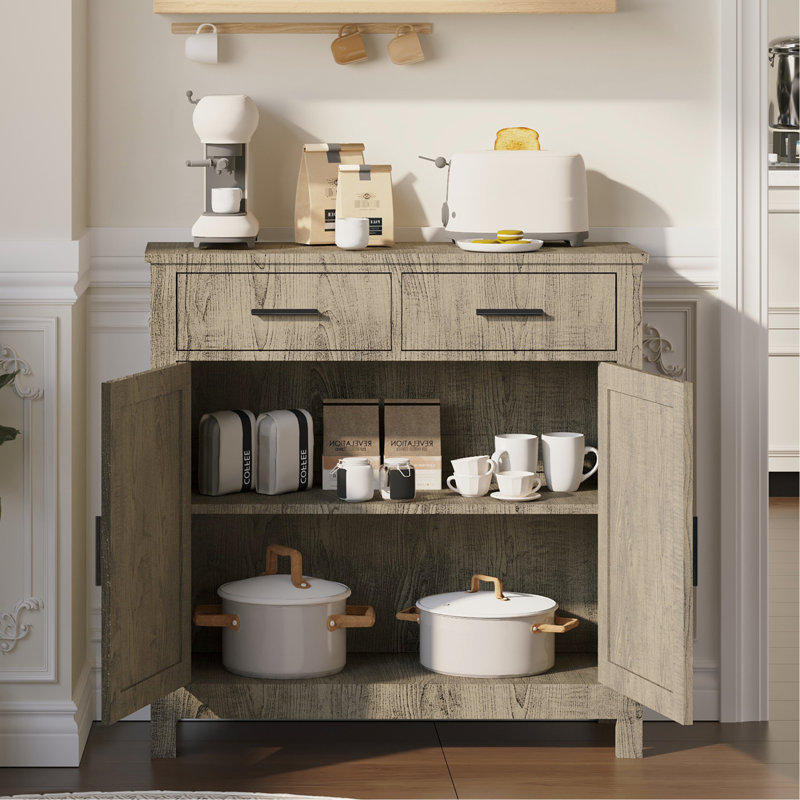 Chic Grey Buffet Cabinet With Storage, 2 Doors And Drawers For Living Area Kitchen Sideboard In Storage, Gray
