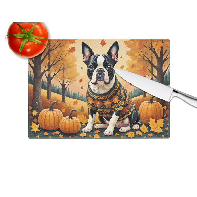 Boston Terrier Fall Glass Cutting Board Large