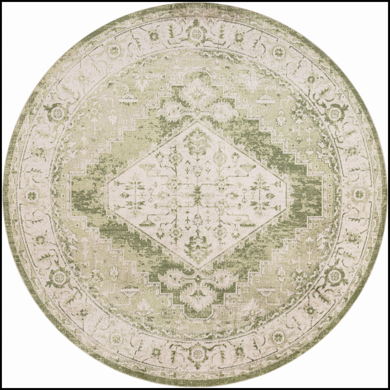 Haydel Oriental Machine Washable Power Loom Polyester Area Rug in Ivory/Green, Round 8'
