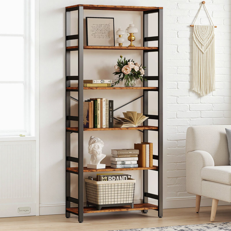 Bookshelf, 31.5In Wide Shelf 6 Tier Bookcase, 70Lbs/Shelf Industrial Bookshelves, Vintage Brown