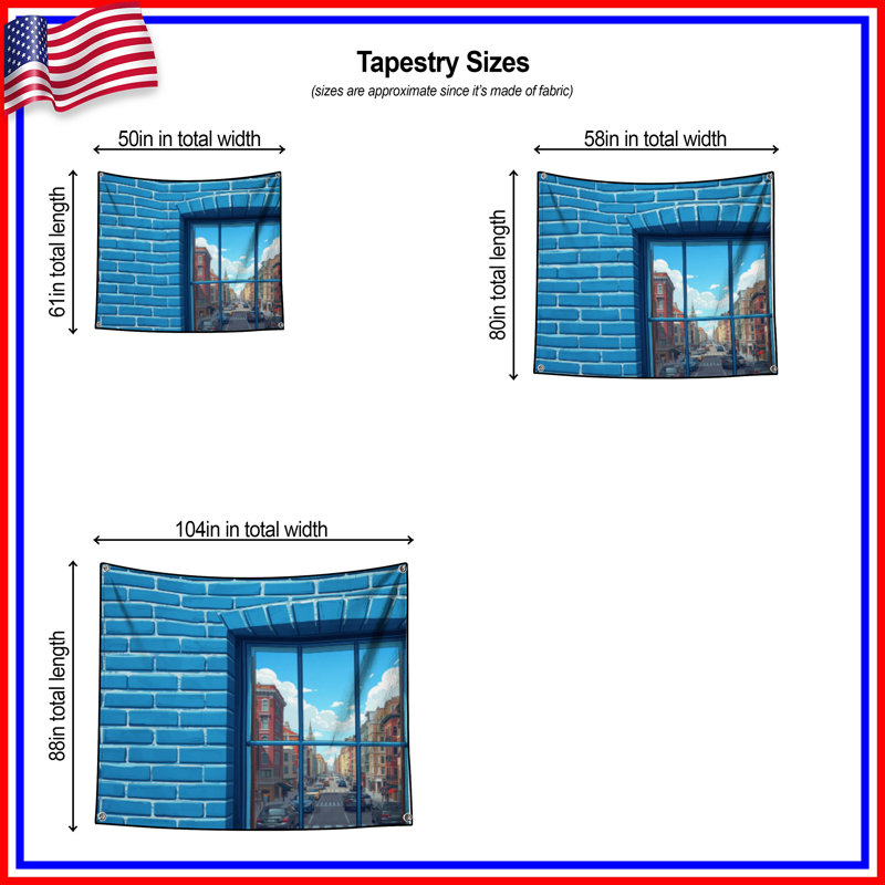Tapisserie murale fenêtre bleue brique - Décoration murale architecture, 68in H x80in W with 4 Grommets