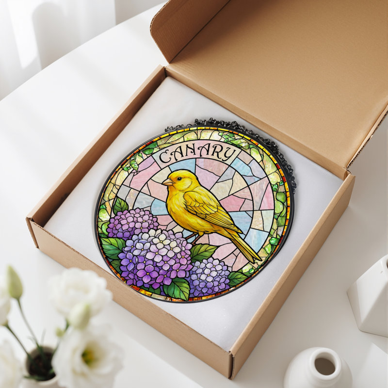 7.8"H Canary Flowers Stained Glass Window Panel, 7.8" H x 7.8" W