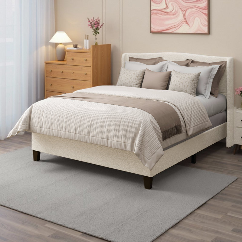 White Teddy Velvet Bed Frame with 49" High Back Headboard - Upholstered Platform Bed with 12-Slat Support, Solid Wood Feet, No Box Spring Needed