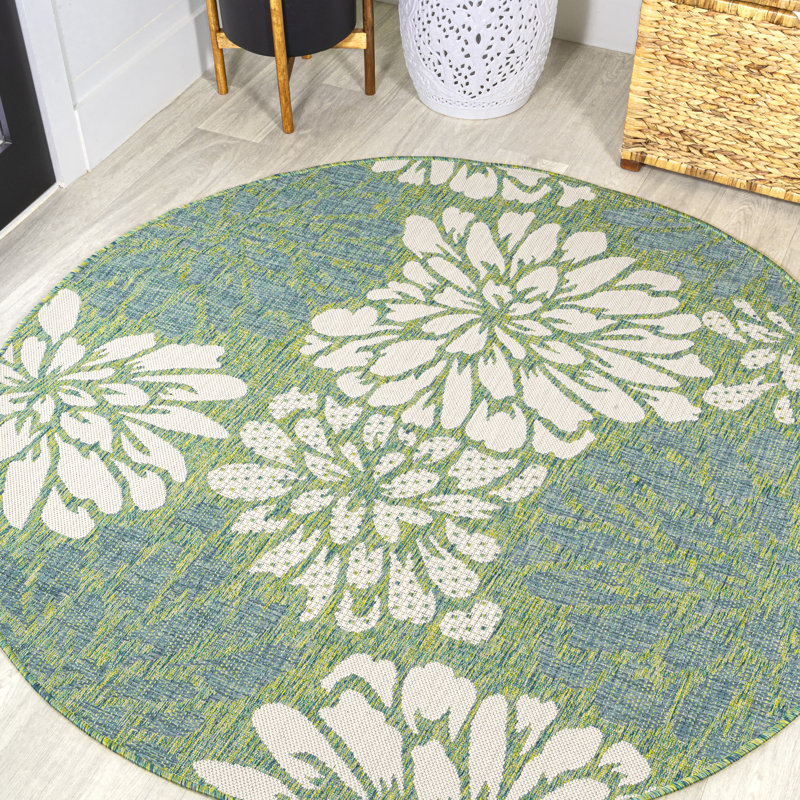 Zinnia Modern Floral Textured Weave Cream/Green Indoor/Outdoor Rug, Round 5'3"