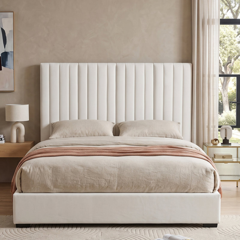 Modern Glam King Velvet Upholstered 2-Drawer Storage Platform Bed with 61.4" Tall Vertical Channel Tufted Headboard, Cream