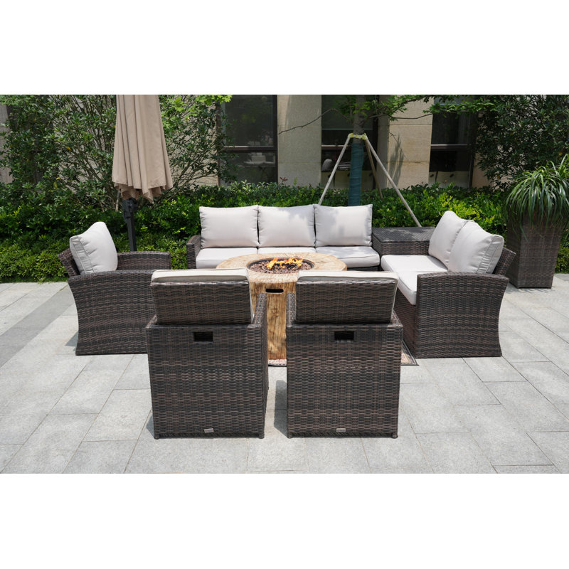 8 - Person Patio Conversation Set with Cushions, Beige, Brown