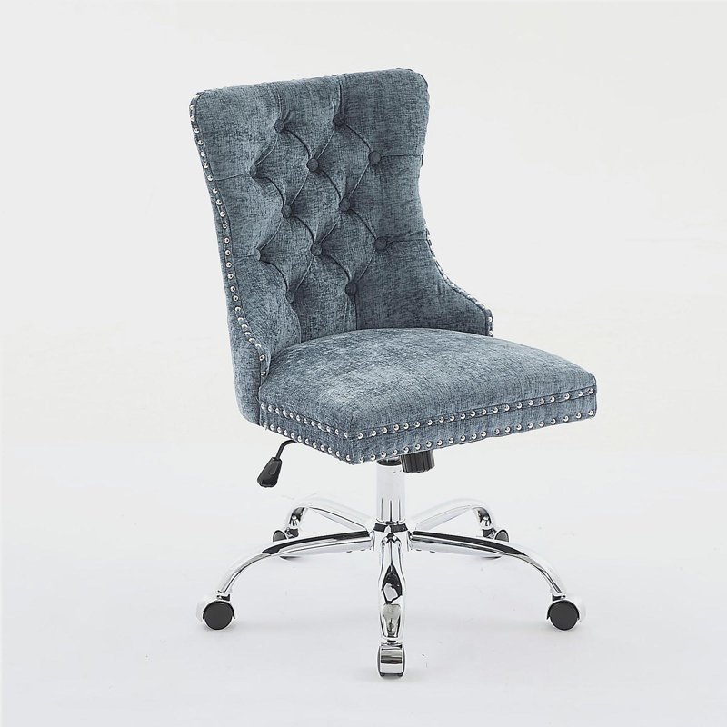 Modern Chenille Upholstered Tufted Button Home Office Chair, Adjustable Desk Chair Swivel Office Chair, Light Blue
