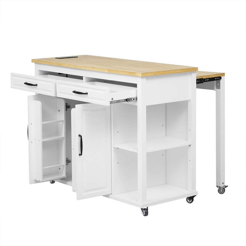 Îlot de cuisine 47 po en bois d'hévéa avec table extensible, support de rangement, tiroirs, armoires et prise de courant intégrée, blanc