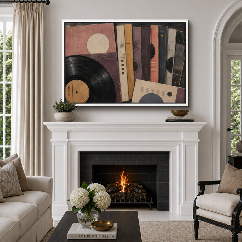 Œuvre de vinyle rétro et épines de livre abstrait, photos de salon, impression sur toile encadrée, Cadre blanc