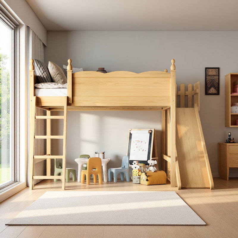 Grand lit mezzanine avec tablettes et armoire de rangement, lits mezzanine en bois massif avec glissières amovibles et échelles, aucune boîte à ressorts nécessaire