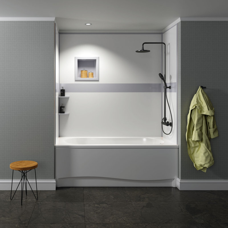 White Poly Tub and Shower Surround with Tan Design Strip and Accessories up to 48Dx96Wx48Dx96H, Gray