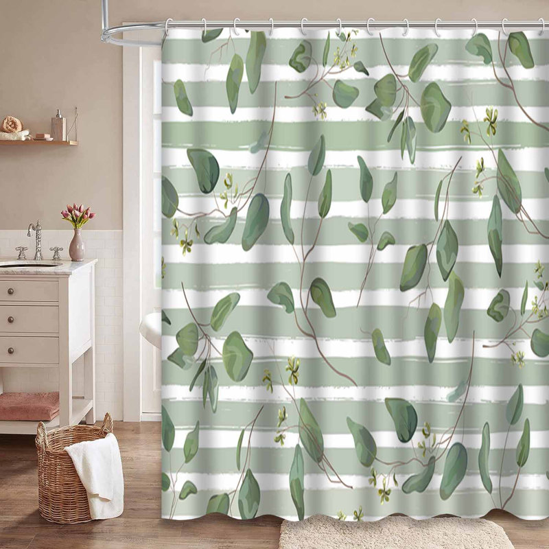 Rideau de douche floral vert eucalyptus blanc sarcelle avec 12 crochets, L 72 po x l 84 po
