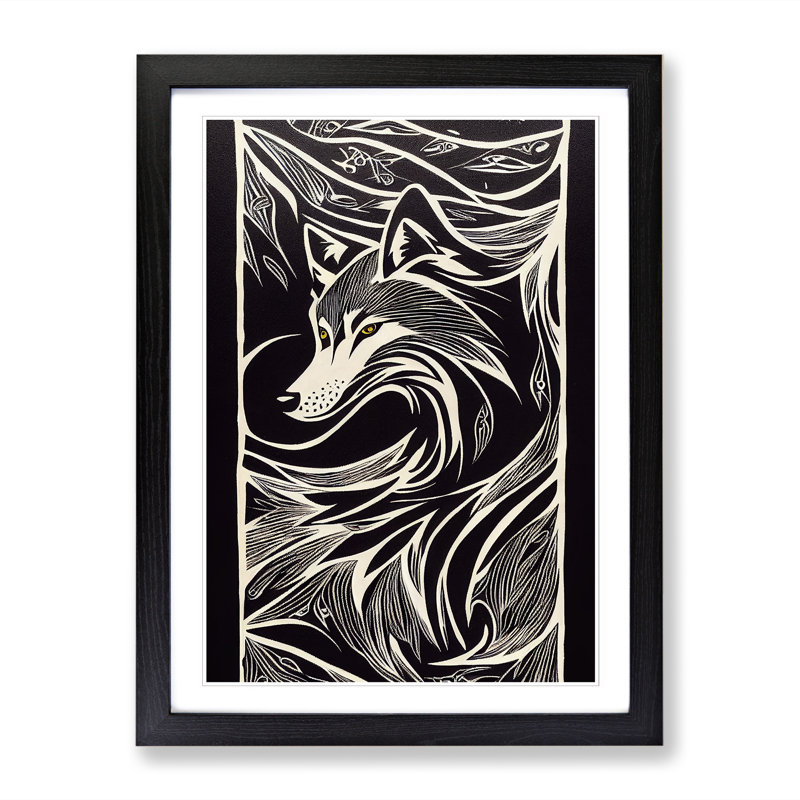 FRM-V0523-2924X Wolf Sgraffito - Single Picture Frame Print, Black, 64cm H x 46cm W x 2cm D