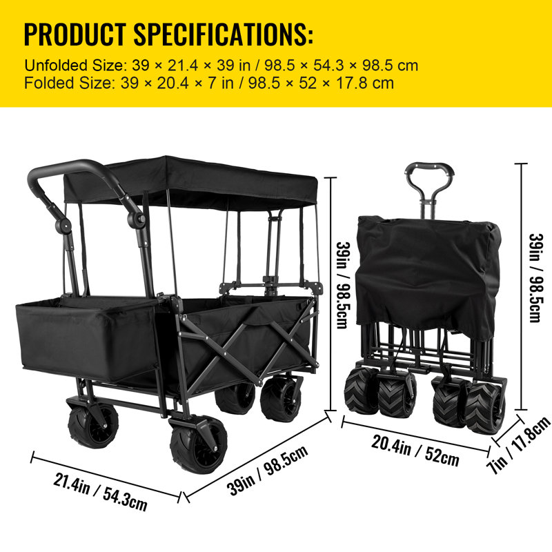 VEVOR Extra Large Collapsible Garden Cart with Removable Canopy in Red Colour, Black