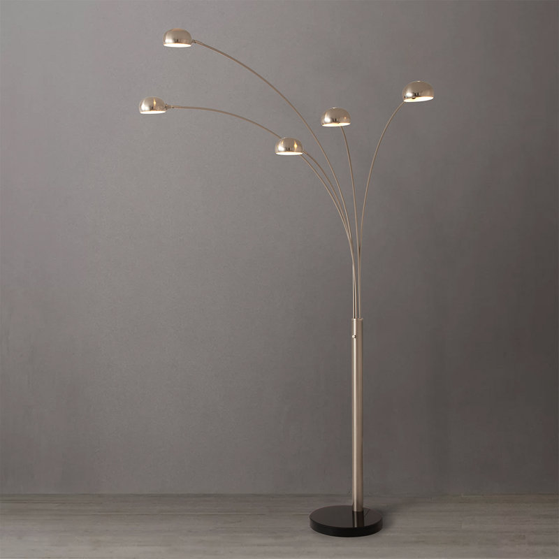 Lampe sur pied à arc 5 lumières Mushroom - gradateur, base en marbre, Nickel satiné