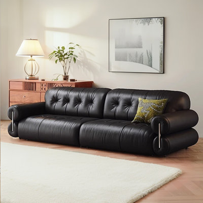 94.49"Retro-style premium leather three-seater sofa