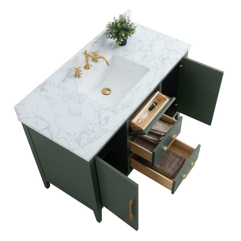 Ensemble de meuble-lavabo simple 48 po avec plateau en marbre Chambery, Vert rétro, Doré brossé