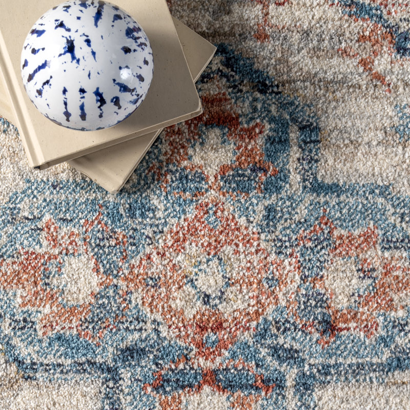 Mauna Oriental Medallion Loa Power Loom Performance Blue/Orange Rug, Round 5'