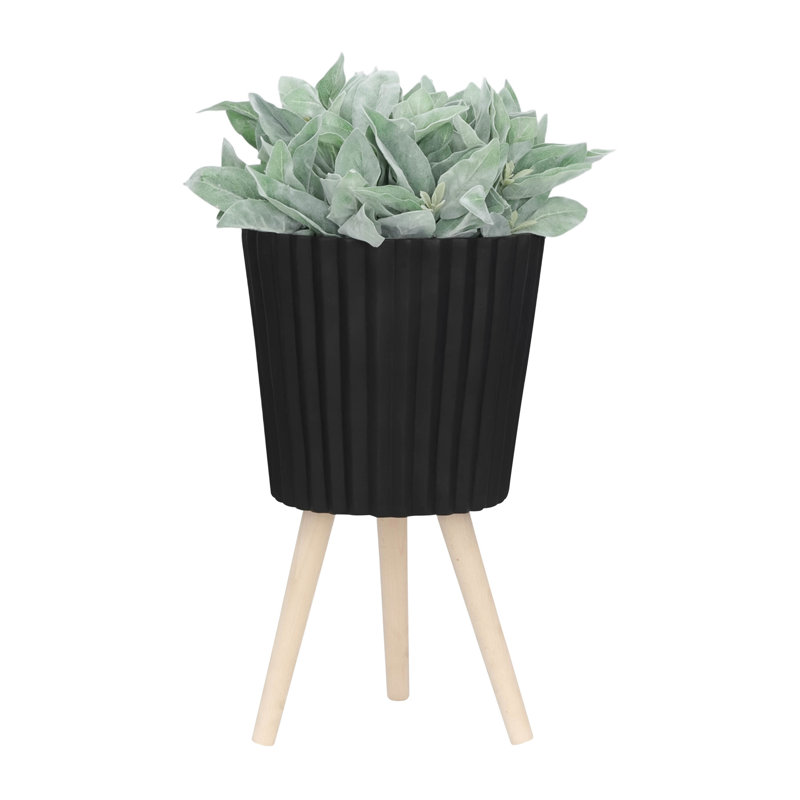 Pot à fleurs noir de 12 po, idéal pour la décoration intérieure et extérieure avec des pieds en bois