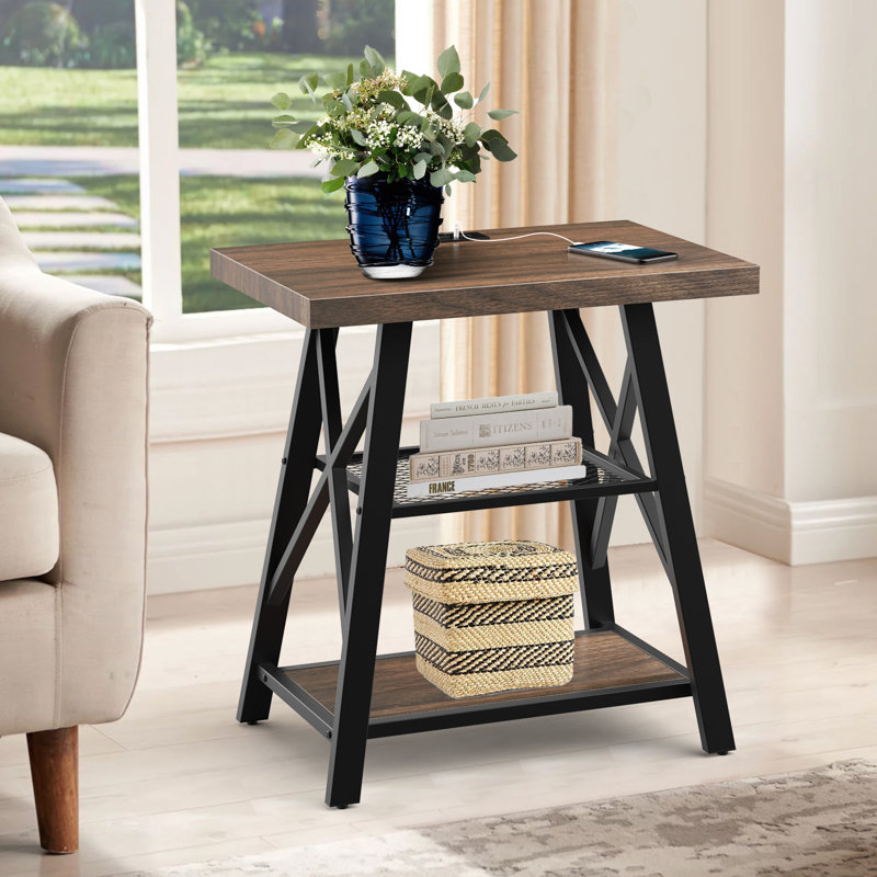 Stokesvale Tall End Table Nightstand with 2 USB Ports, 2 Power Outlets, and 2 Storage Shelves, Dark Walnut
