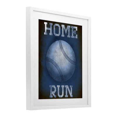 Home Run Navy Blue Sports Framed Print Under Glass, design by Marcus Prime
