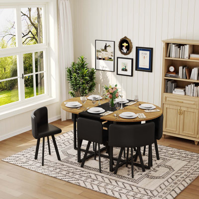 7-Piece Kitchen Oval Dining Table Set, Fixed Wood Grain & Black Triamine Tabletop With 6 PU Leather Chairs For Small Spaces, Apartment, Dining Room