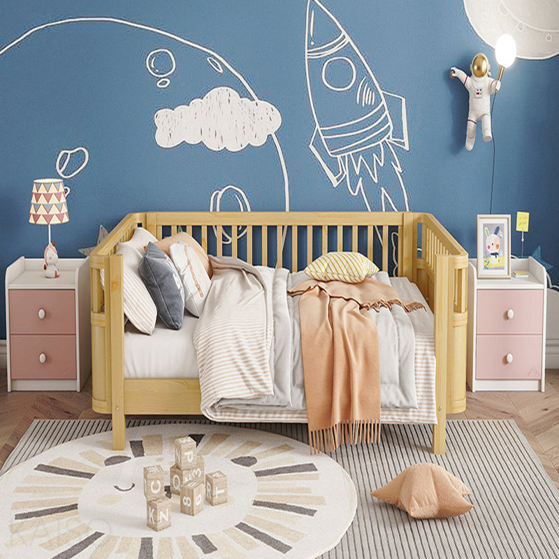 Lit plateforme double en bois pour enfants, lit double en bois avec profil bas naturel, Lit double, Naturel