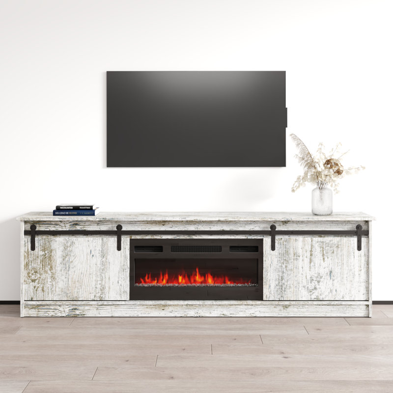 Grigsby 78.7" Modern TV Stand with Electric Fireplace, Matte Finish, Media Storage, White Wash