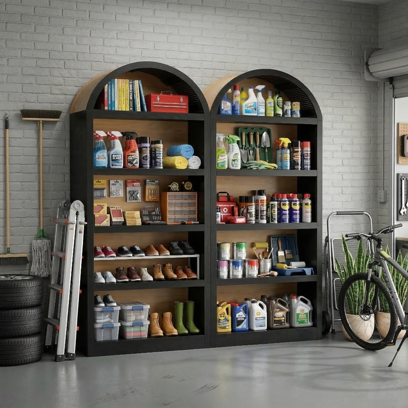 Set of 2 Freestanding Tall Storage Cabinets with 5-Tier Open Shelves, Charcoal Black/Natural, Black