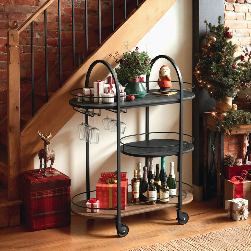 1 Half Moon 3-Tier Metal Drink Trolley, with Swivel Castors & Guard Rails, Black, Black