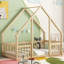 Lit simple en bois en forme de maison avec clôture, garde-corps, naturel-133341605-133341604