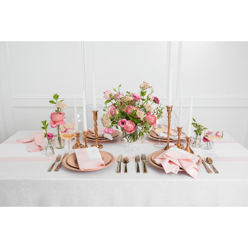 Contempo - 100% Pure Linen Tablecloth, 120" x 60", Blush Pink/White