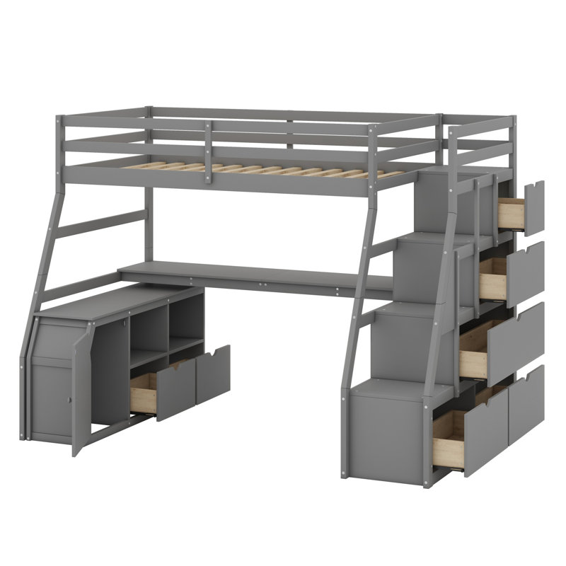 Lit mezzanine avec tiroirs, tablettes et bureau, Gris