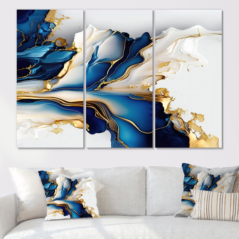 Abstract Geode Gold And Blue Marble Shape III - modern 3 Piece Print on Canvas, 32" H x 48" W, Wrapped Canvas, No Frame