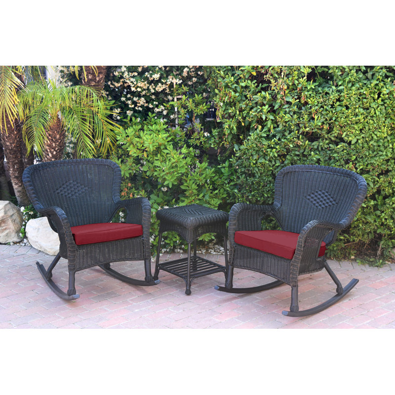 Windsor Resin Wicker Rocker Chair And End Table Set With Cushions, Black, Red