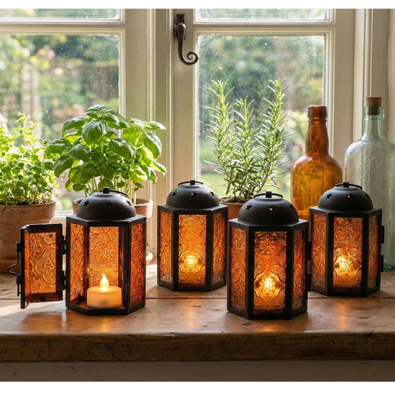 4.25" Mini Decorative Moroccan Candle Lantern Holders, Amber