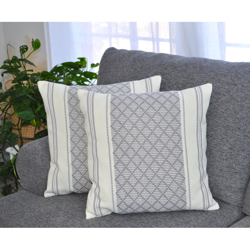 Gray and White Cotton Blend Geometric Square Pillowcases, Set of 2