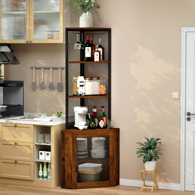 Tablette d'angle avec portes, armoire de coin de 65 po avec tablettes et porte-verres à vin, étagère de présentation de bibliothèque à 6 niveaux, support de rangement de coin autoportant pour la cuisine, le salon, le balcon