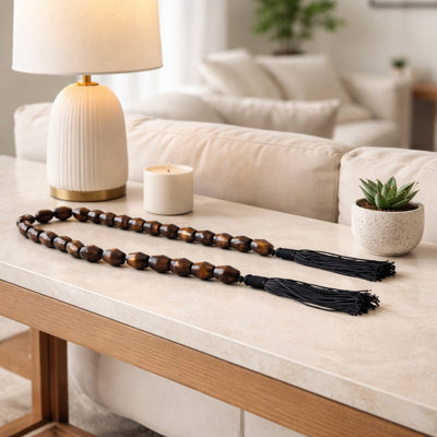 Decorative Resin Long Bead Garland With Tassel Ends For Tabletop Decor - Modern Beads Object For Living Room or Home Decoration - 38", Bronze & Brown