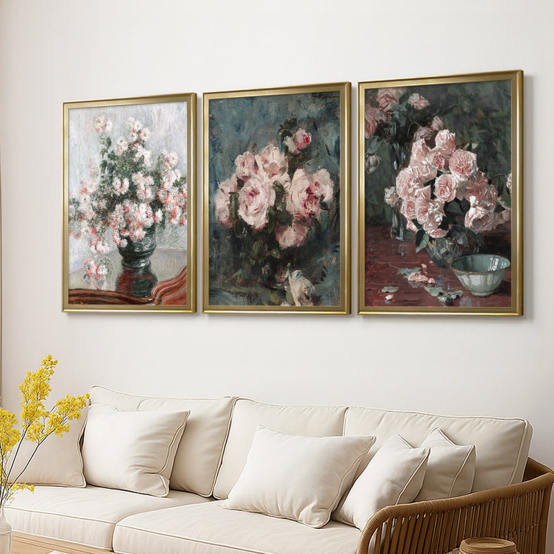 Impression florale rétro CCL XXVI - Toile tendue avec châssis sur mesure - 3 pièces, H 21 po x l 30 po, Doré