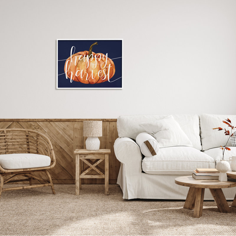 «Happy Harvest Expression Orange Pumpkin Over Blue» par - Art textuel, H 24 po x l 30 po, Giclée encadrée blanc bord de mer