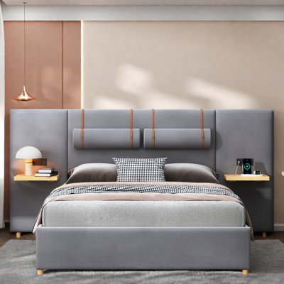 Upholstered Platform Bed With 2 Outlets, 2 Usb Charging Ports, 2 Bedside Pillows And Storage Shelves